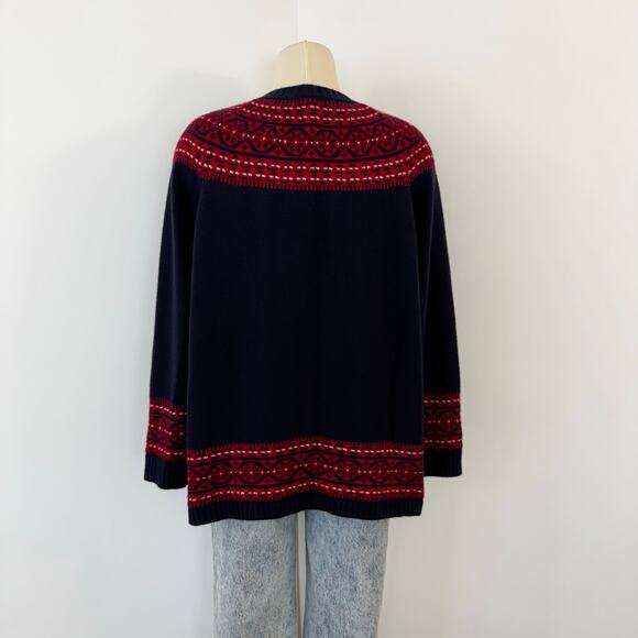 Talbots Fair Isle Lambswool Blend Cardigan Sweater Button Down Navy Red 2XP - Picture 6 of 10
